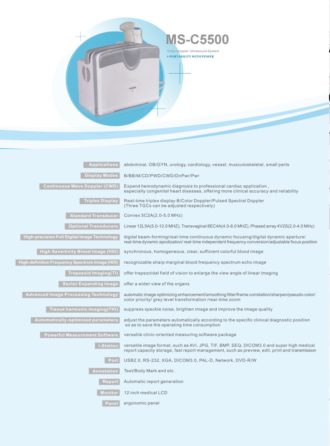 (MS-C5500) Scanner ultrasonique Doppler couleur portable pour système de diagnostic 4D