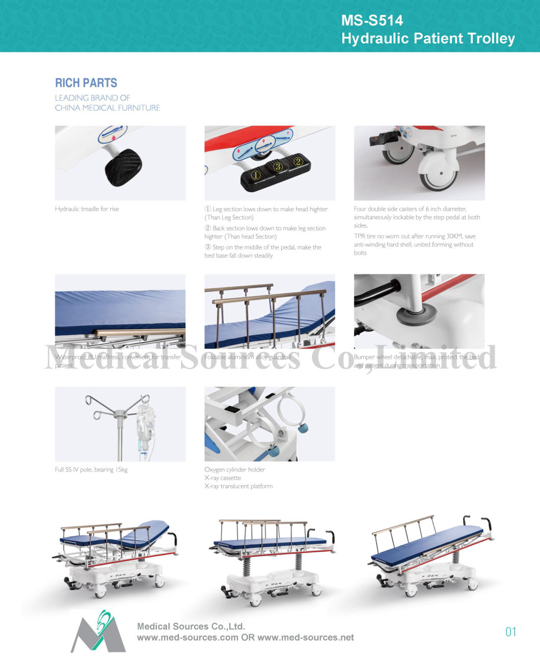 (MS-S514) Meilleure vente Civière de chariot patient hospitalisé d'urgence hydraulique