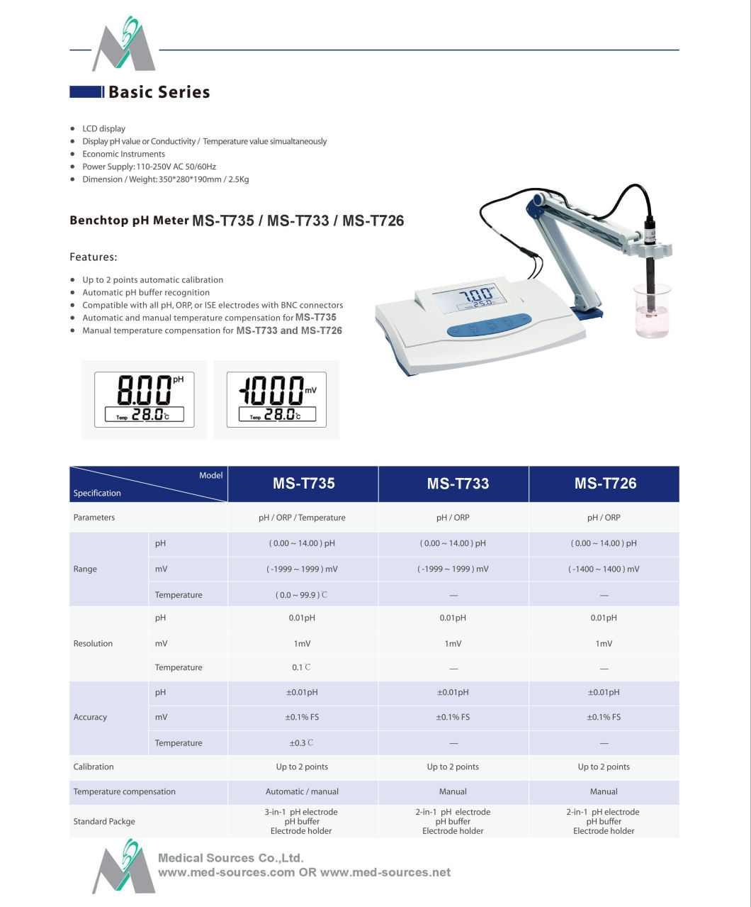 (MS-T735) Table Top Bench Top Large LCD Display pH Meter