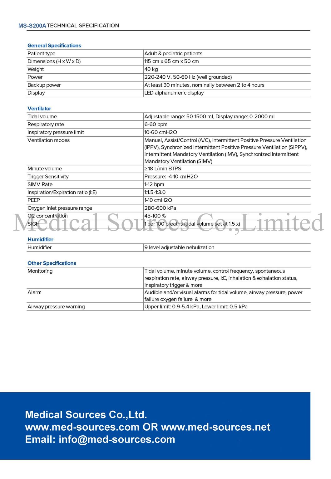(MS-S200A) Hospital CPAP Machine Air Compressor ICU Respirator Pediatric Neonatal Newborn Ventilator