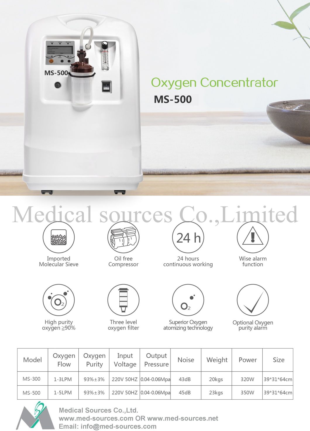 (MS-500) Low Noise with High Purity 93% Oxygen Concentrator