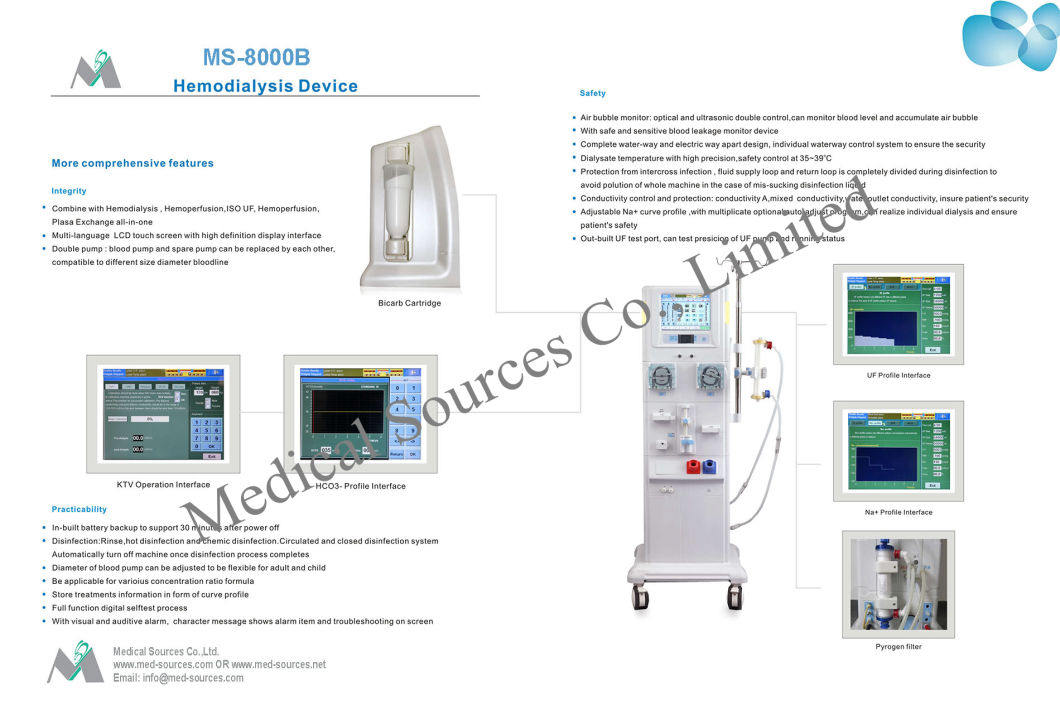 (MS-8000B) Professional Good Quality Single/Double Pump Hemodialysis Machine for Dialysis