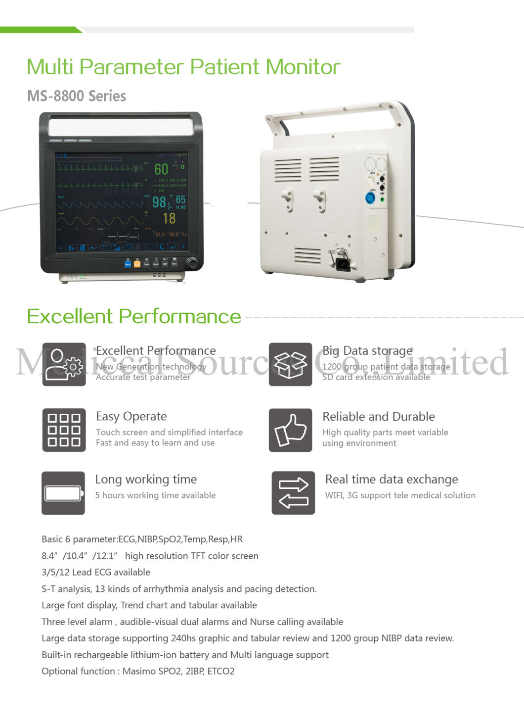 12 Inch Touch Screen ECG Multi-Parameter Patient Monitor (MS-8800)