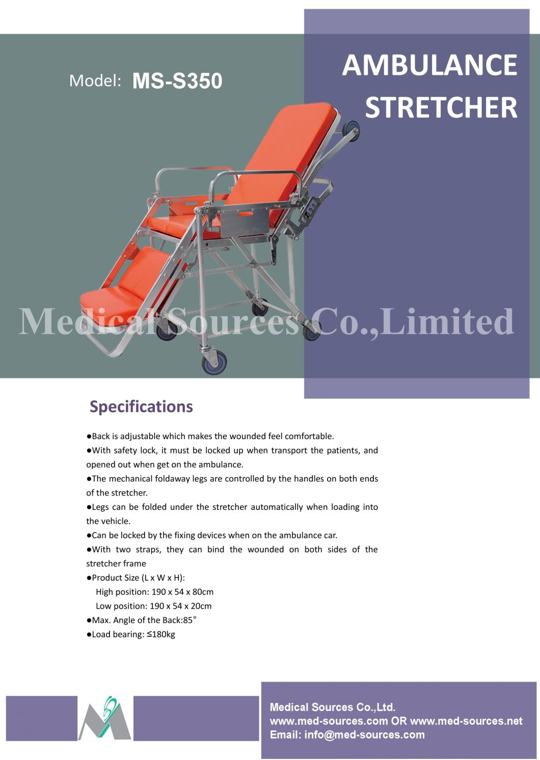 (MS-S350) Medical Stainless Steel Folding Patient Stretcher Trolley
