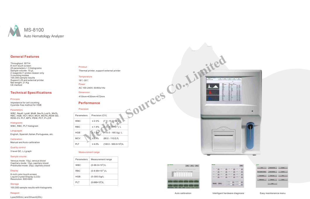 (MS-8100) Hospital Equipment Three Part 3 Diff Auto Blood Hematology Analyzer