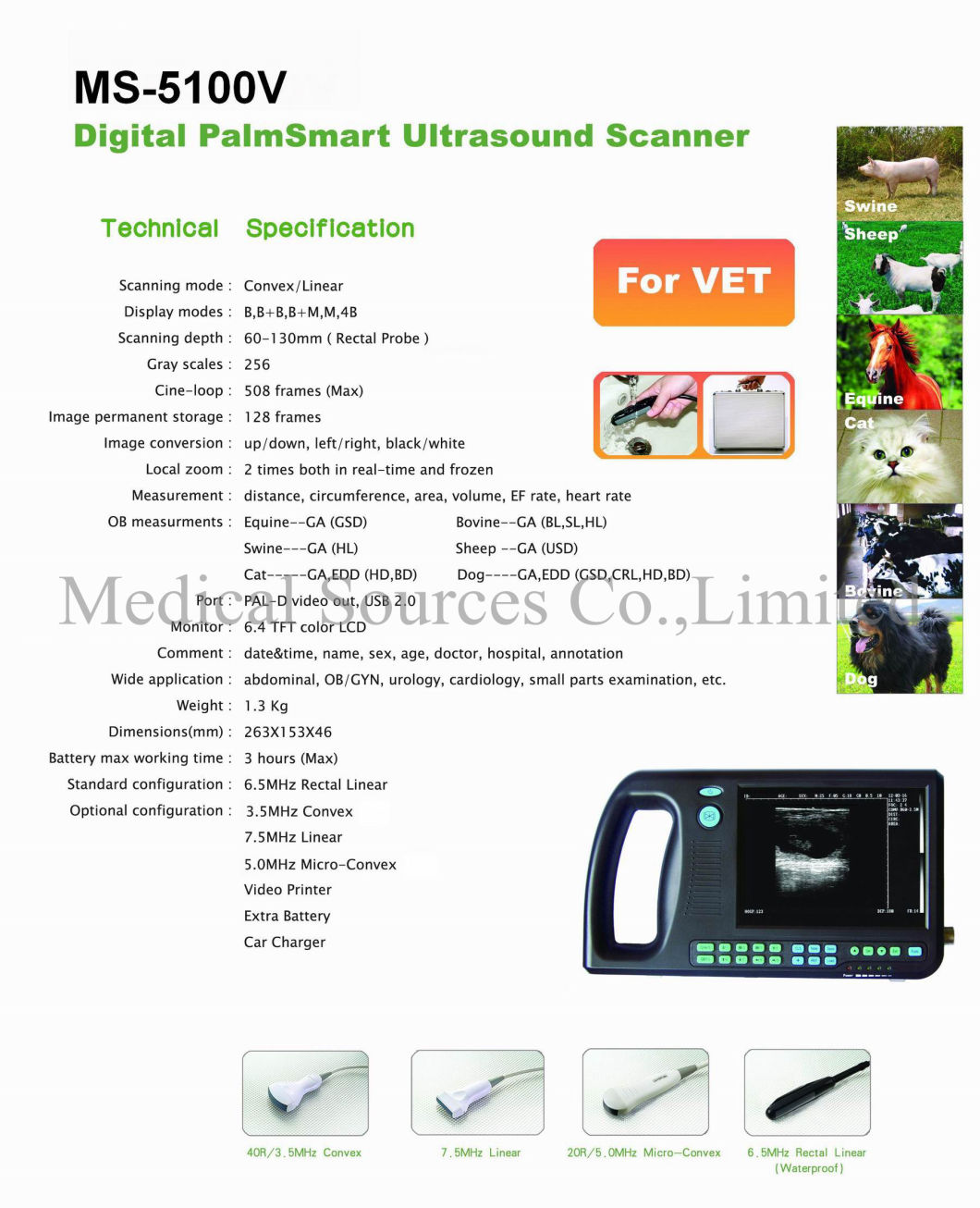 (MS-5100V) Port&aacute;til Digital Palmsmart Veterinary Vet Esc&aacute;ner de ultrasonido port&aacute;til