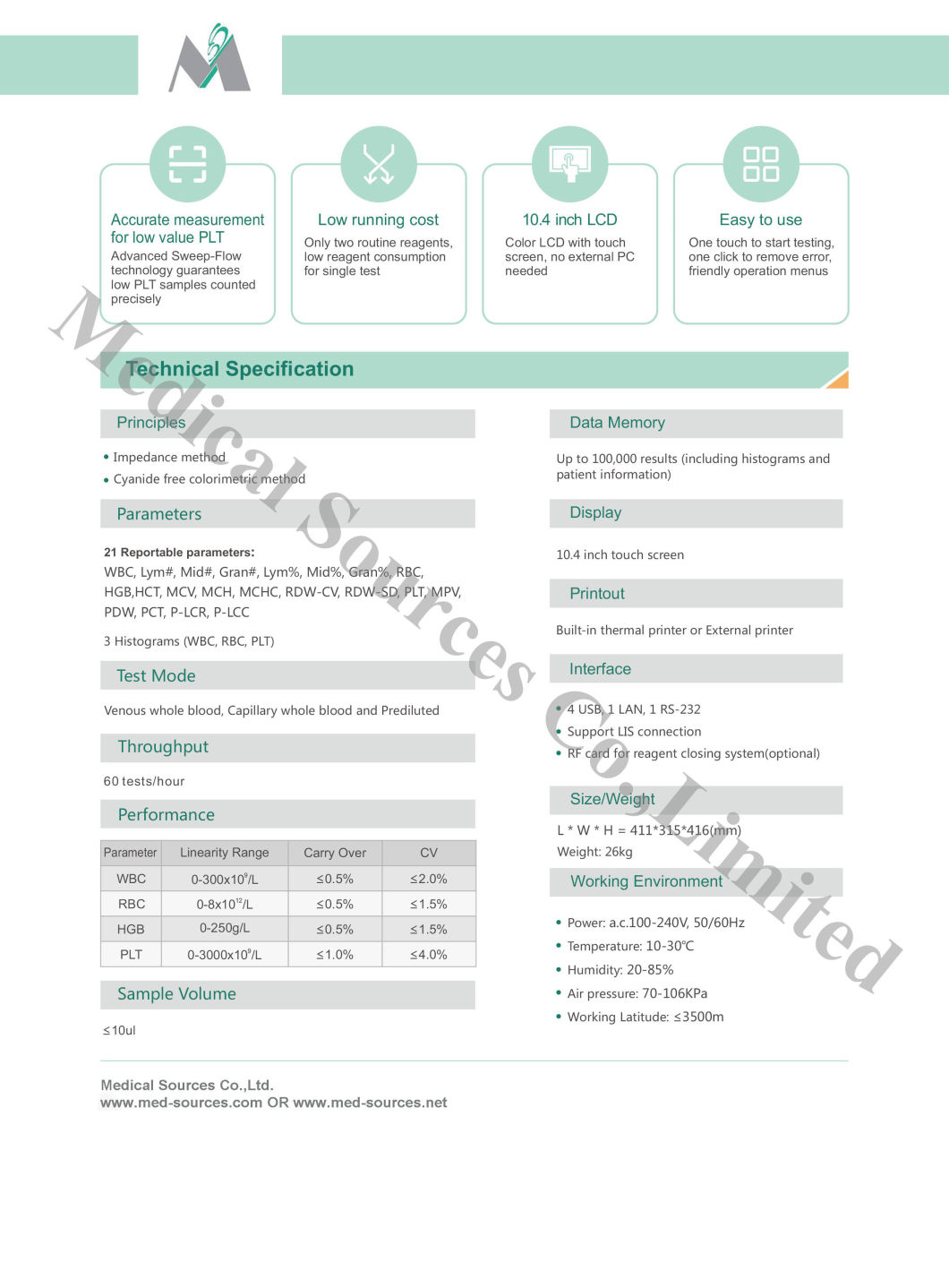 Analizador de hematolog&iacute;a de reactivos abiertos de tres partes (MS-6400)