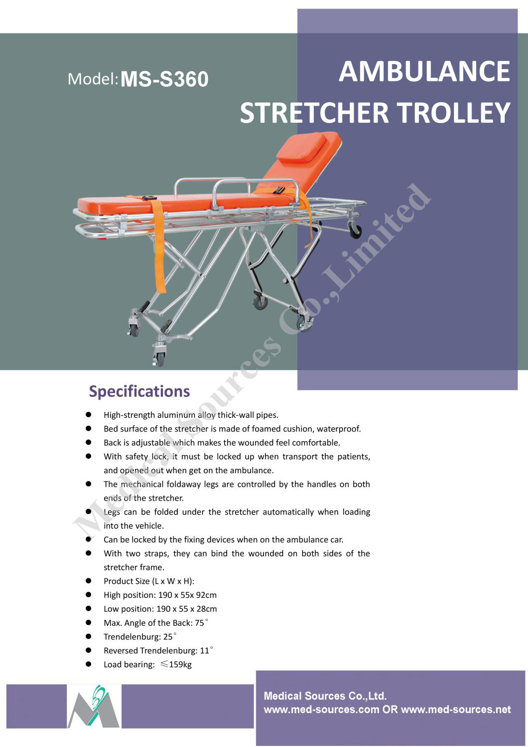 (MS-S360) Ambulance Stainless Steel Medical Stretcher Patient Transport Trolley