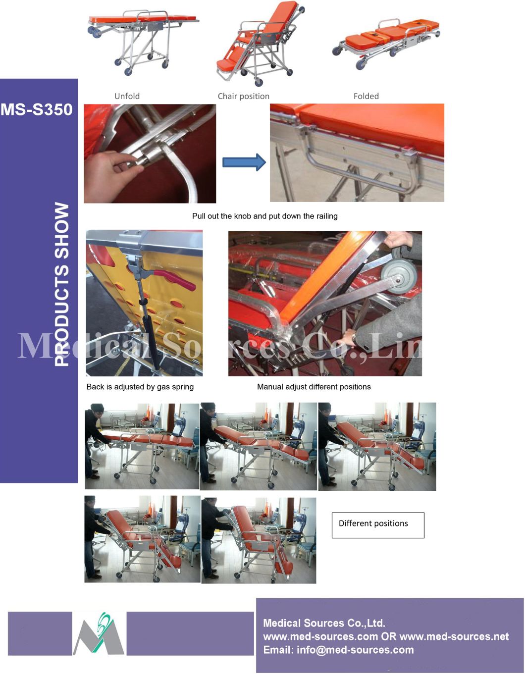 (MS-S350) Medical Stainless Steel Folding Patient Stretcher Trolley