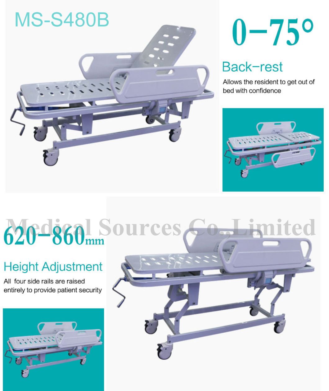 (MS-S480B) Ambulance Medical Patient Transport Folding Hydraulic Stretcher Trolley