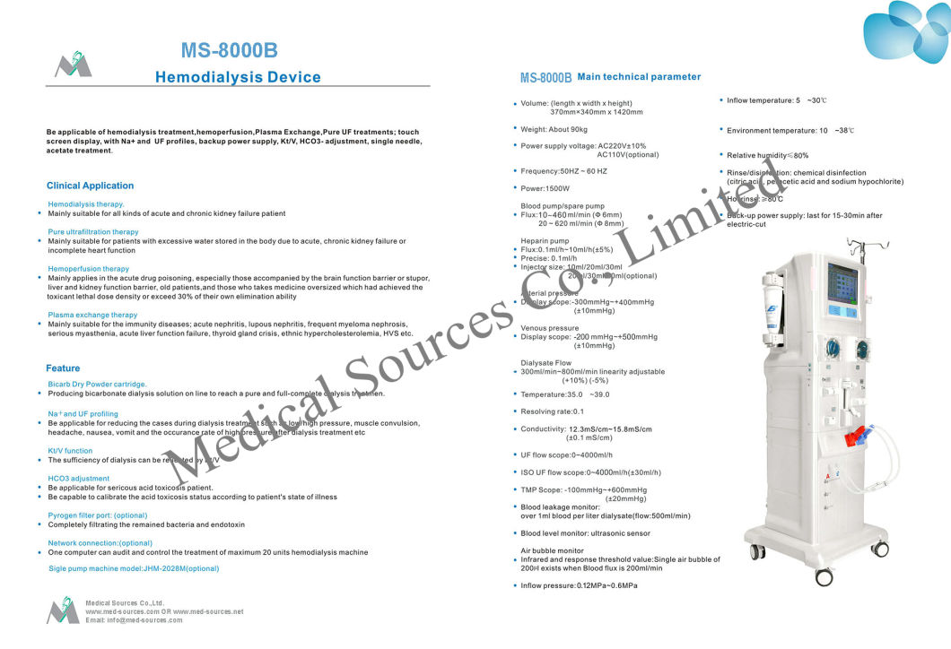 (MS-8000B) Professional Good Quality Single/Double Pump Hemodialysis Machine for Dialysis