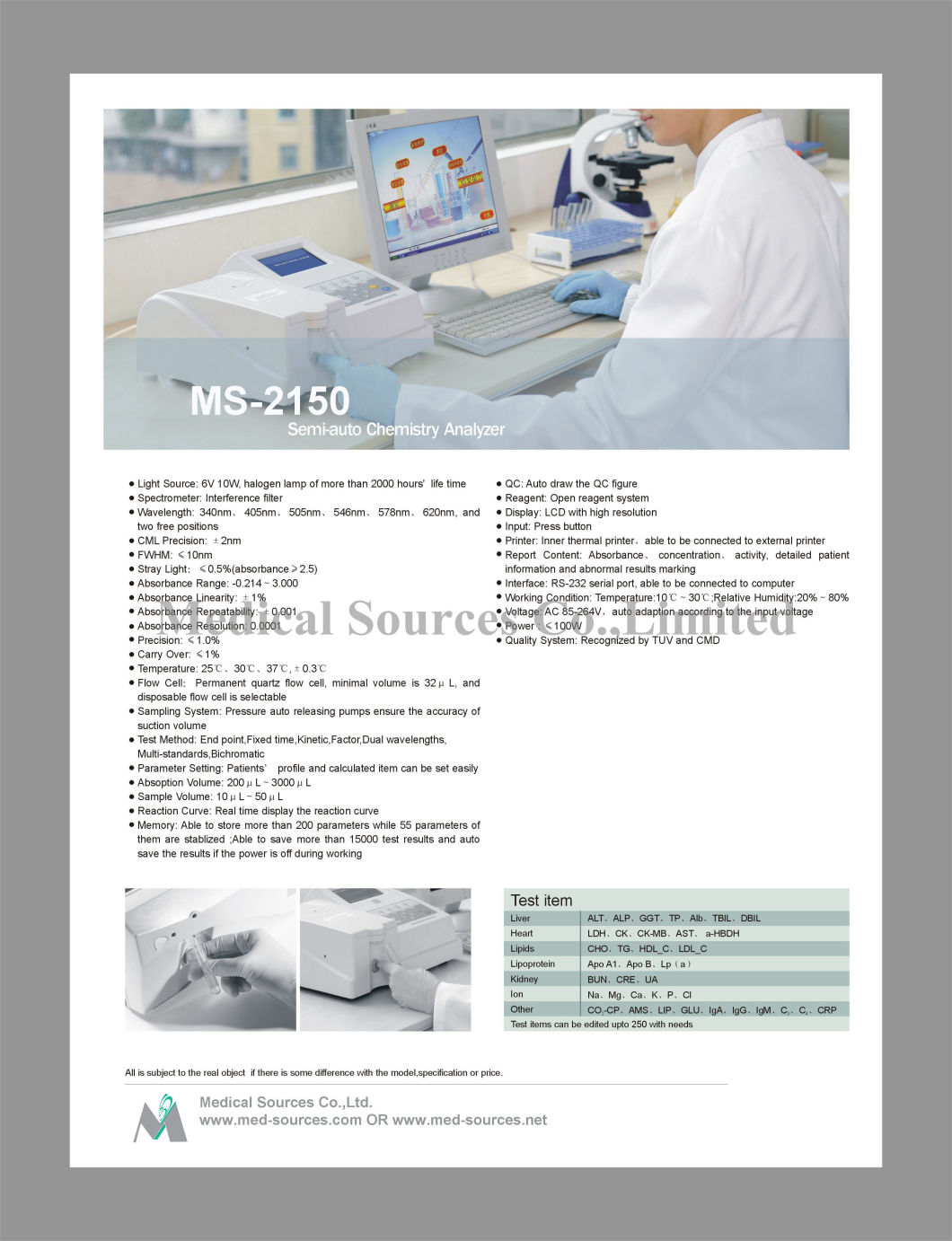 (MS-2150) Semi-Automatic Laboratory Chemistry Biochemistry Analyzer
