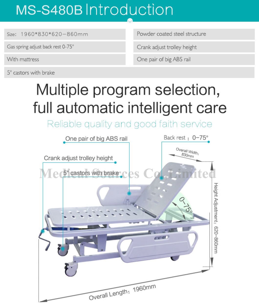 (MS-S480B) Ambulance Medical Patient Transport Folding Hydraulic Stretcher Trolley