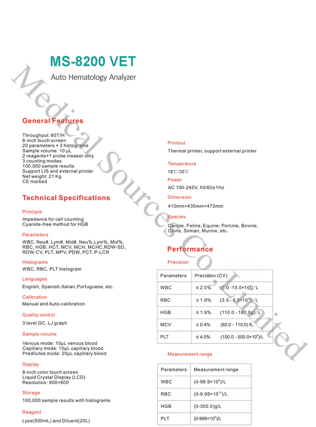 (MS-8200) Auto 3 Diff Three Part Blood Hematology Analyzer