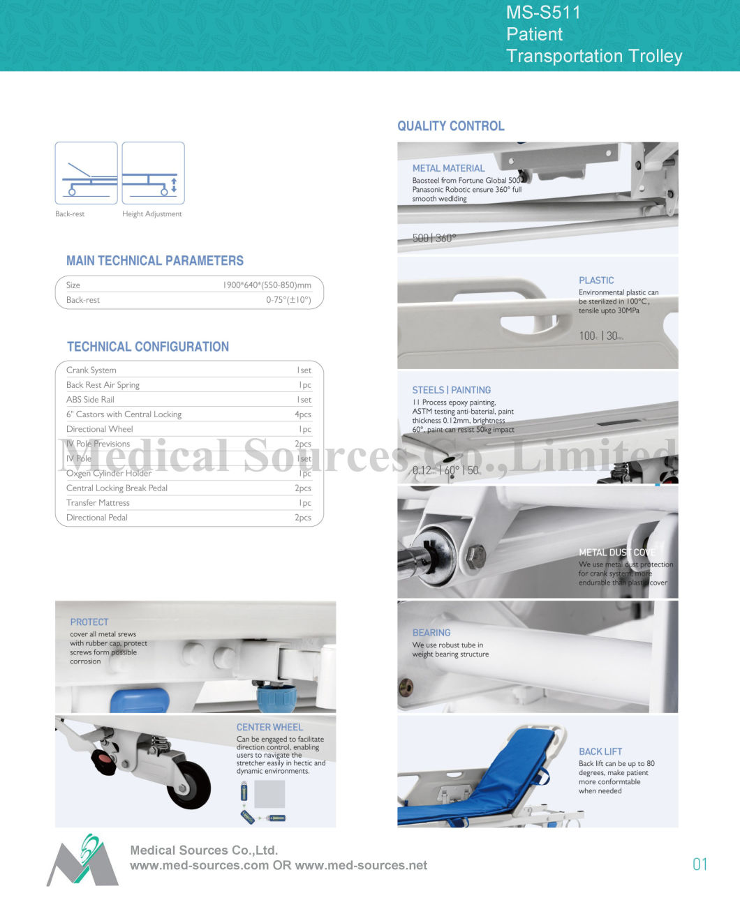 (MS-S511) Medical Luxurious Hydraulic Patient Stretcher Trolley