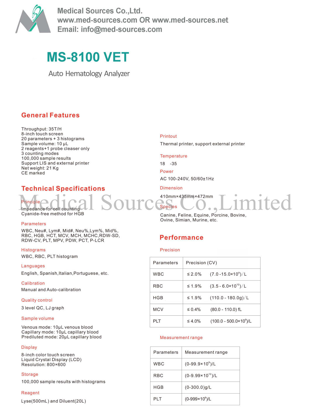 (MS-8100) Hospital Equipment Three Part 3 Diff Auto Blood Hematology Analyzer