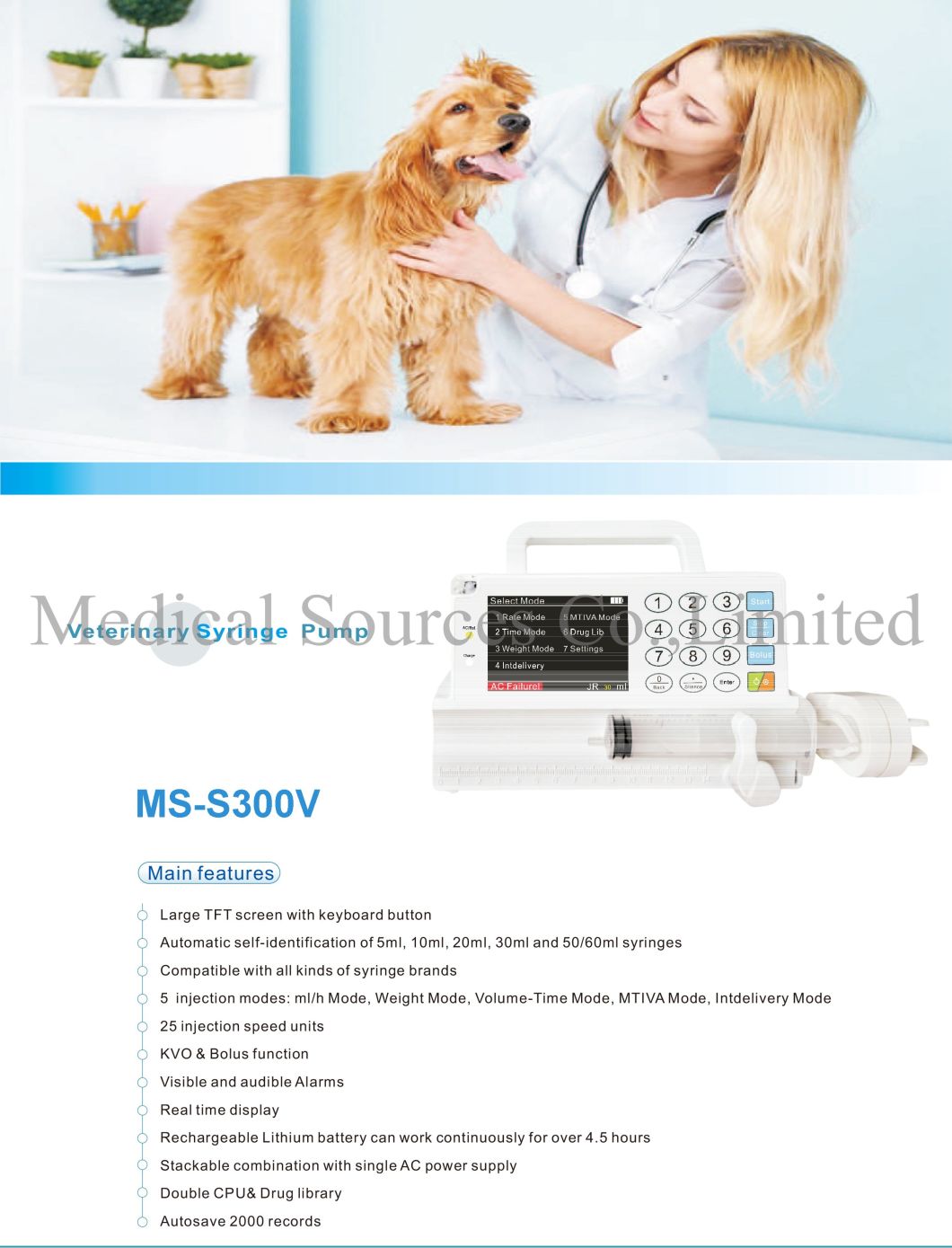 (MS-S300V) Veterinary/Medical/Hospital/Clinic/Syringe Pump Animal Portable Injection