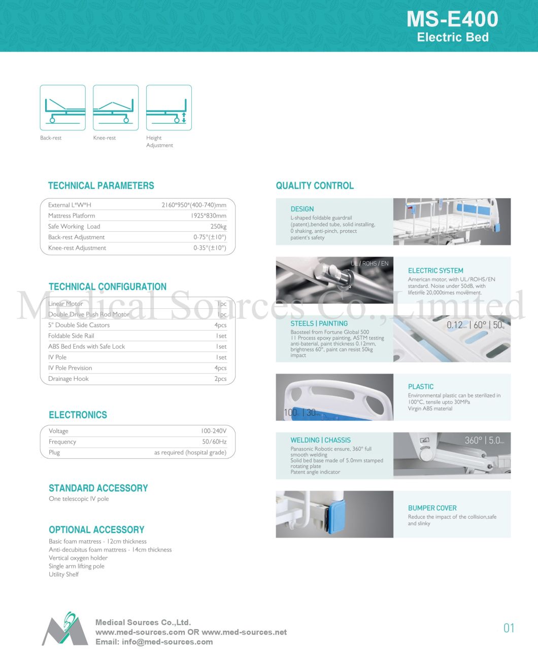 (MS-E400) Electric Medical Bed ICU Patient Bed Hospital Bed