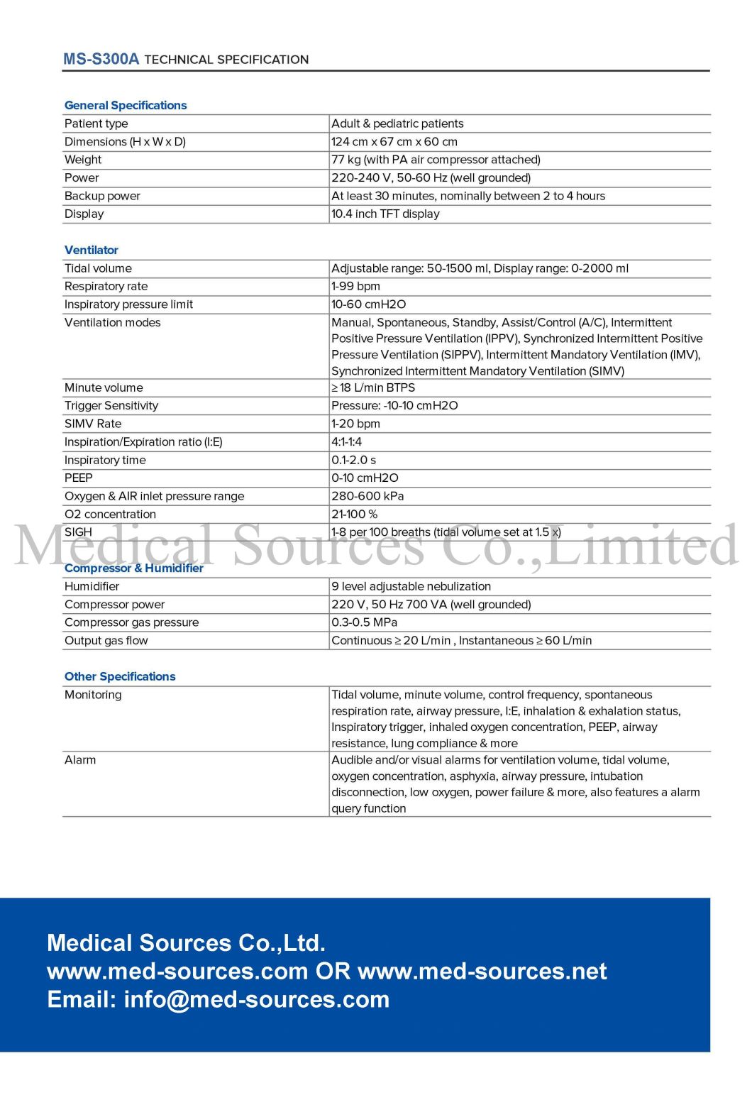 (MS-S300A) TFT Color Screen Operation and Rehabilitation CPAP Machine ICU Neonatal Infant Baby Ventilator