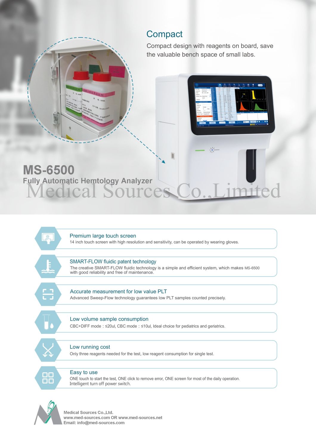 Ms-6500 Hospital Diagnosis Five Part 5 Diff Fully Automatic Hematology Analyzer