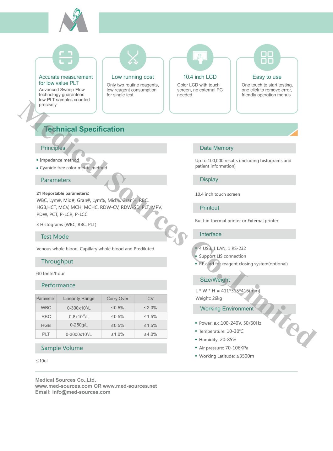 (MS-6400) Medical Open Reagents Three Diff Hematology Analyzer